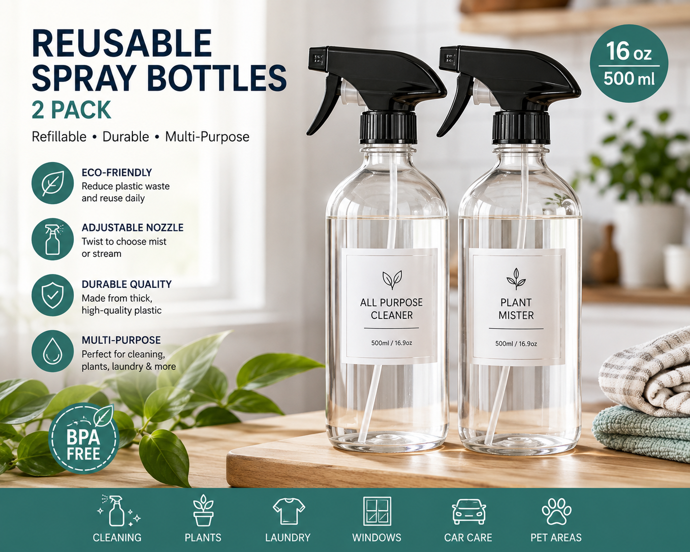 Reusable Spray Bottles 2 Pack