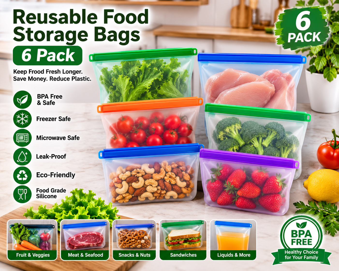 Reusable Food Storage Bags 6 Pack